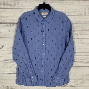 100% Linen Mens Button Up Shirt By Europann Sz (4) XL Long Sleeve Blue Nautical